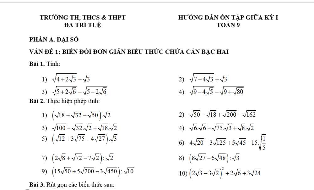 Toán 9. Đề cương Ôn tập giữa học kỳ 1. Trường THCS -THPT Đa Trí Tuệ